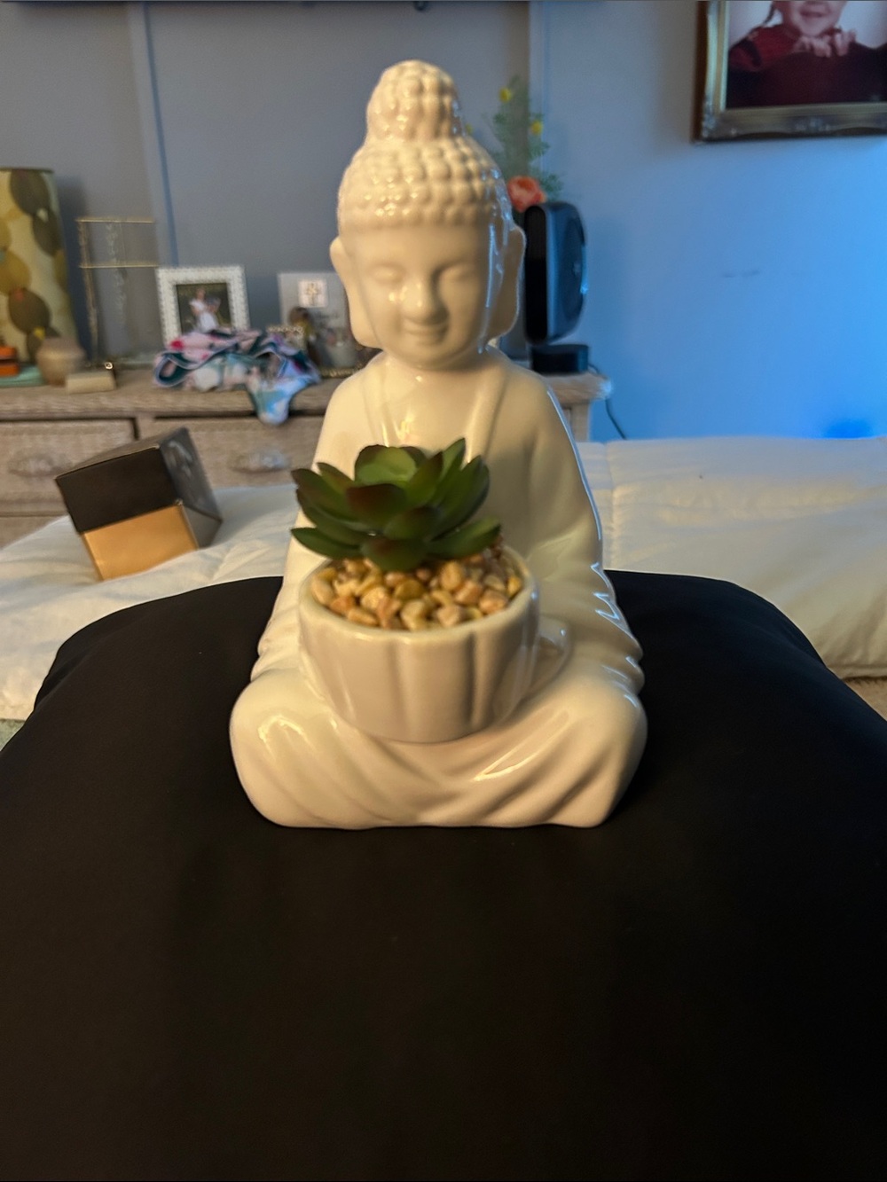 White Ceramic Buddha Planter with Green Succulent Accent